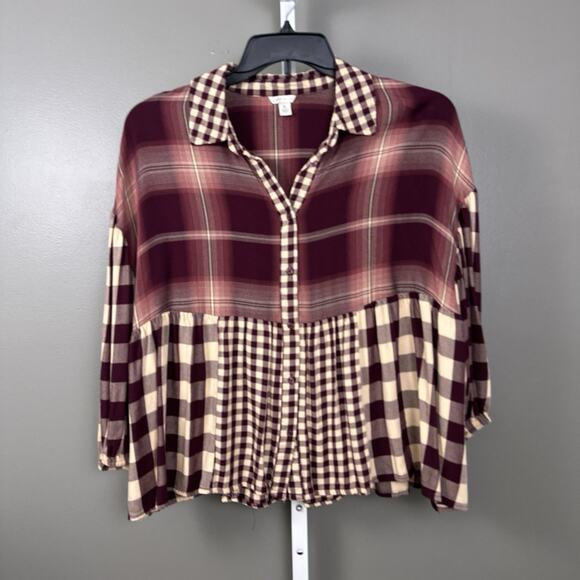 Cato Tops - Cato Womens XL Rayon Plaid Babydoll Blouse Empire Waist Burgundy Boho Top